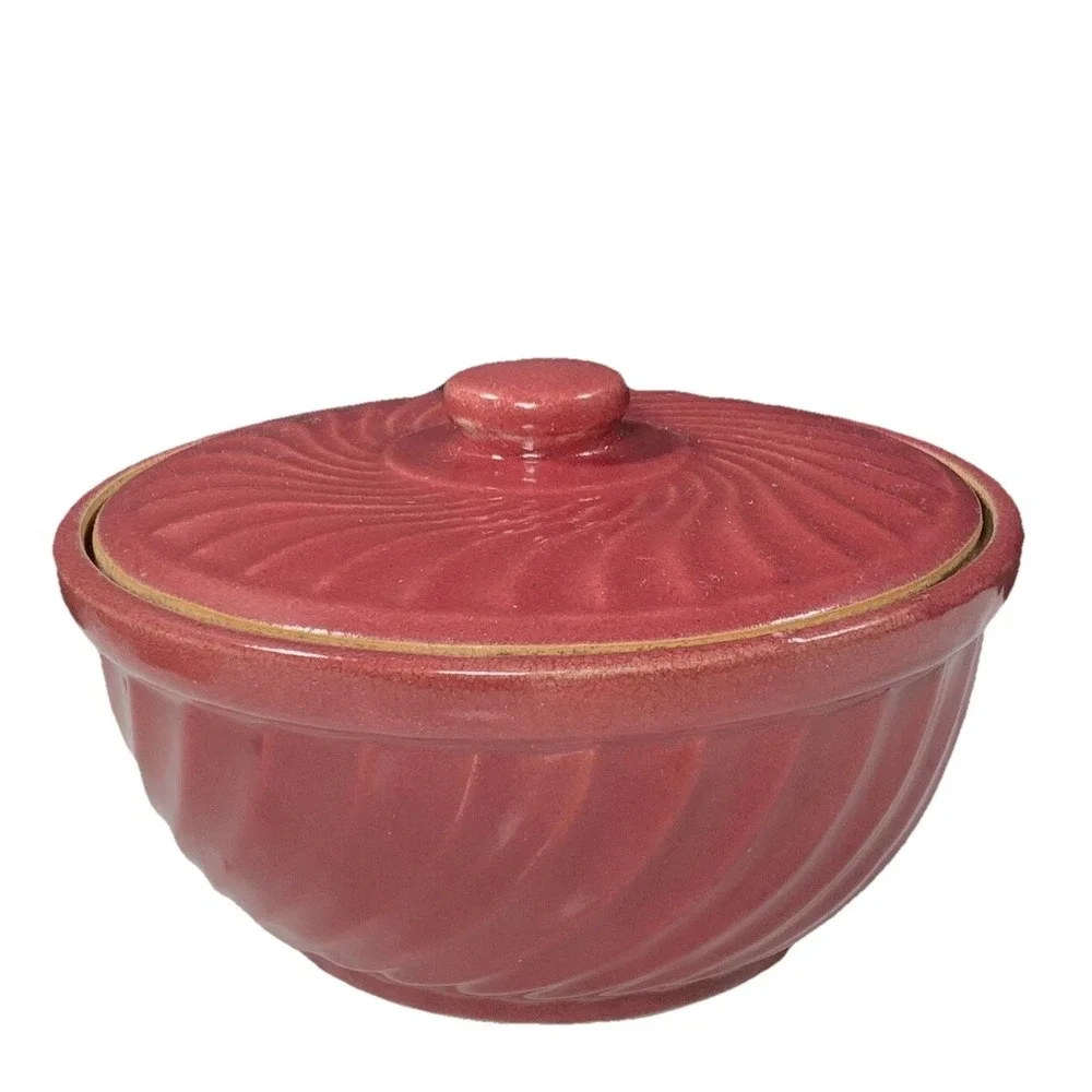 Vintage Bean Pot Casserole Dish Lidded Red Swirl Pottery USA Oven Ware Rustic